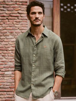 Andamen - Men Olive Linen Checks Slim Fit Casual Shirt