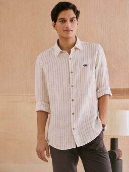 Andamen - Men Off White Linen Stripes Regular Fit Casual Shirt