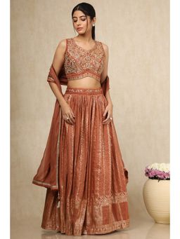 Soch - Women'S Rust Silk Blend Embellished Choli and Lehenga with Dupatta (Set of 3)