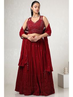 Soch - Women Maroon Pure Georgette Embellished Lehenga and Choli with Dupatta (Set of 3)