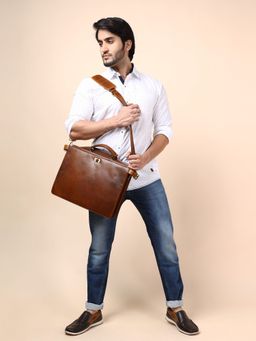Sassora - Genuine Leather Mens Tan Messenger Bag - A081_UNFOLD (L)