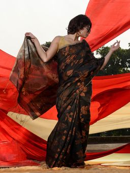 CHARUKRITI - Black Cotton Blend Handwoven Zari Woven Floral Designs Saree with Unstitched Blouse