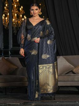 Beatitude - Black Soft Satin Silk Woven Saree with Unstitched Blouse