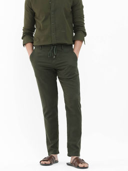 Rare Rabbit - Pastor-2 Olive Plain Regular Fit Trouser