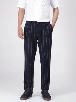 Rare Rabbit - Stet Navy Blue Striped Relaxed Fit Trouser