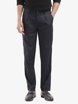 Rare Rabbit - Windsor Navy Blue Plain Relaxed Fit Trouser