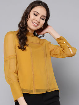 Marie Claire - Women Mustard Yellow Lace Inserts Top
