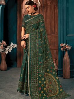 Odette - Womens Green Cotton Printed Saree with Unstitched Blouse