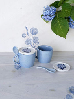 Freedom Tree - Elae Hand Painted Blue Speckle Coffee Mug with Spoon & Tray (Pack of 2)