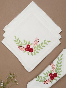 Design Gaatha - Cream with Multicolor Hand Embroidered Pure Linen Table Napkin (Pack of 4)