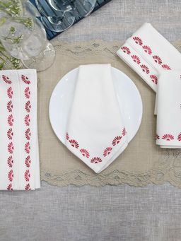 Design Gaatha - White with Blue & Aqua Floral Block Printed Cotton Table Napkin (Pack of 4)