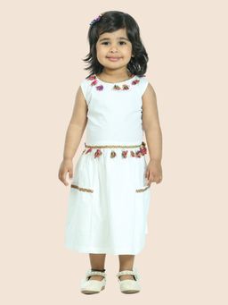 Junitos - Girls White Pure Cotton Sleeveless Dress Embellished with Tussle