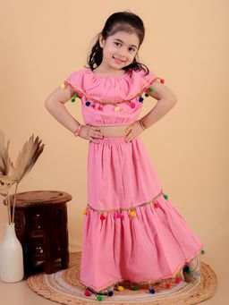 Junitos - Girls Pink Pure Cotton Crop Top and Long Skirt (Set of 2)