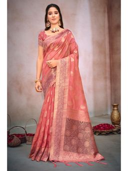 Sangam Prints - Pink Organza Woven Zari Work Traditional Tassel Saree with Unstitched Blouse