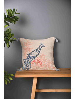 SAY - Peacock Design Cotton Truffted Cushion Cover (16 x 16 inches)