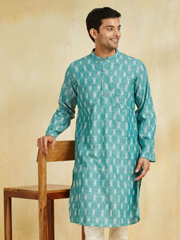 Fabindia - Green Cotton Ikat Slim Fit Long Kurta