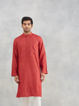 Fabindia - Red Silk Blend Dobby Slim Fit Long Kurta
