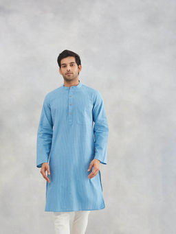 Fabindia - Blue Cotton Dobby Slim Fit Long Kurta