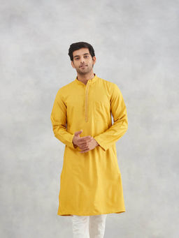 Fabindia - Yellow Viscose Silk Slim Fit Long Kurta