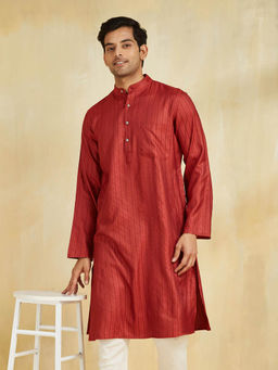 Fabindia - Red Viscose Blend Dobby Slim Fit Long Kurta