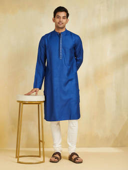 Fabindia - Blue Viscose Silk Slim Fit Long Kurta