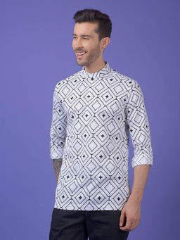 CRIMSOUNE CLUB - Men White Geometric Printed Pure Cotton Kurta