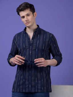 CRIMSOUNE CLUB - Men Navy Blue Vertical Stripes Pure Cotton Kurta