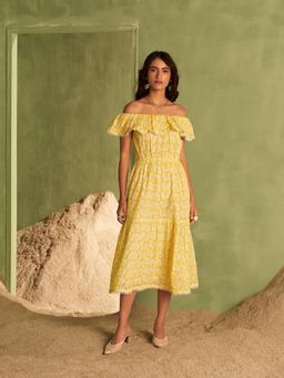 BOHO-CHIC By Sukriti Jain - Sunkissed Eyelet Lace Off The Shoulder Midi Dress