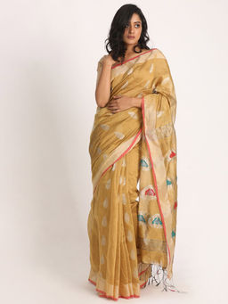 Angoshobha - Brown Cotton Blended Handloom Jamdani Saree with Unstitched Blouse