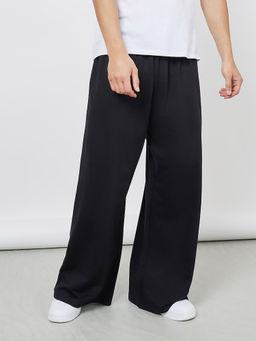 Styli - Men's Black Solid Wide Leg Cotton Casual Trousers with Drawstring