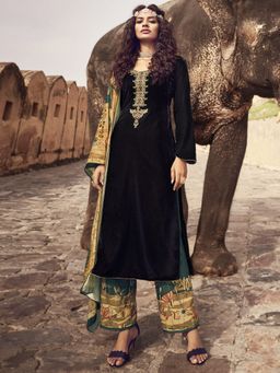 Stylee LIFESTYLE - Black Velvet Embroidered Dress Material (Set of 3)