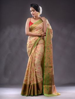 CHARUKRITI - Beige Handwoven Banarasi Silk Saree With Unstitched Blouse