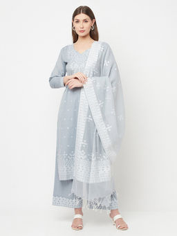 Safaa - Women Cotton Woven Chikankari Design Unstitched Dress Material with Dupatta (Set of 3)