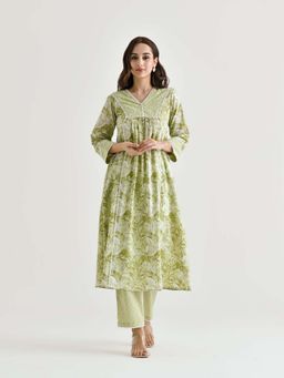 Rustorange - Lime Green Sanganer Cotton Kurta