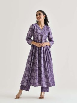 Rustorange - Purple Floral Angarkha Cotton Kurta