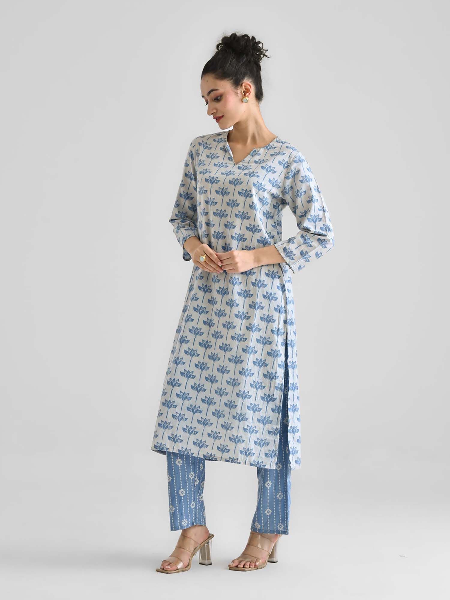 rustorange Light Blue Lotus Dabu Printed Cotton Kurta-picture-25