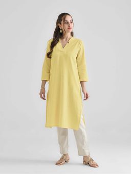 Rustorange - Yellow Linen Cotton Kurta with Notch V Neckline Detail