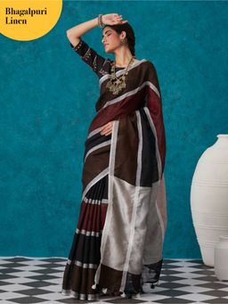 Likha - Black & Maroon Linen Bhagalpuri Saree with Unstitched Blouse
