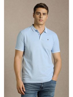Louis Philippe - Men Blue Textured Polo Neck T-Shirt
