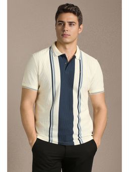 Louis Philippe - Men Beige Stripe Polo Neck T-shirt