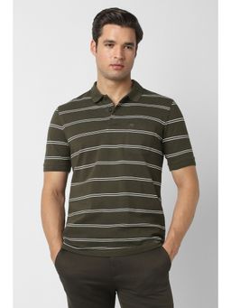 Peter England - Men Olive Stripe Polo Neck T-shirt