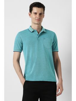 Peter England - Men Light Blue Textured Polo Neck T-Shirt
