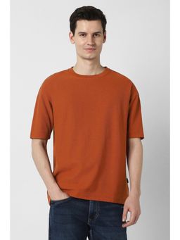 Peter England - Men Rust Textured Round Crew Neck T-Shirt
