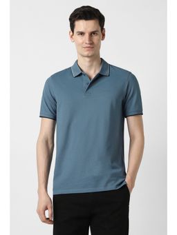Peter England - Men Blue Solid Polo Neck T-Shirt