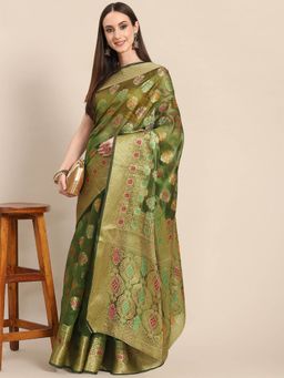 Odette - Green Woven Organza Saree with Unstitched Blouse