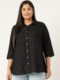 theRebelinme - Plus Size Women Black Solid Colour Spread Collar Casual Shirt