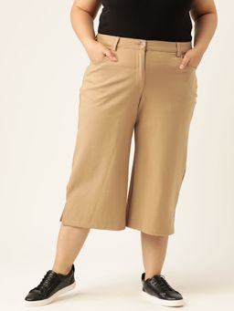theRebelinme - Plus Size Womens Beige Solid Color Elasticated Flared Capri