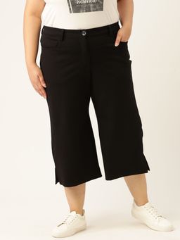 theRebelinme - Plus Size Womens Black Solid Color Elasticated Flared Capri