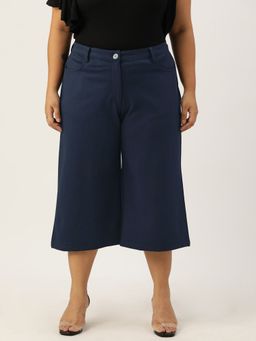 theRebelinme - Plus Size Womens Navy Blue Solid Color Elasticated Flared Capri