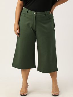 theRebelinme - Plus Size Womens Olive Solid Color Elasticated Flared Capri
